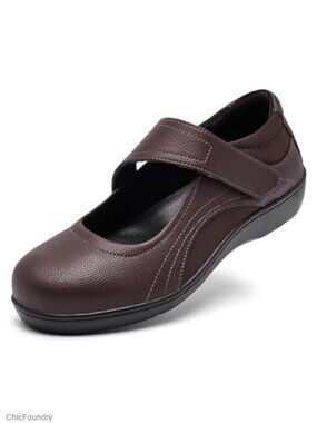 Womens Vegan Leather Mary Jane Flats Orthopedic Non Slip Work Shoes Memory Foam